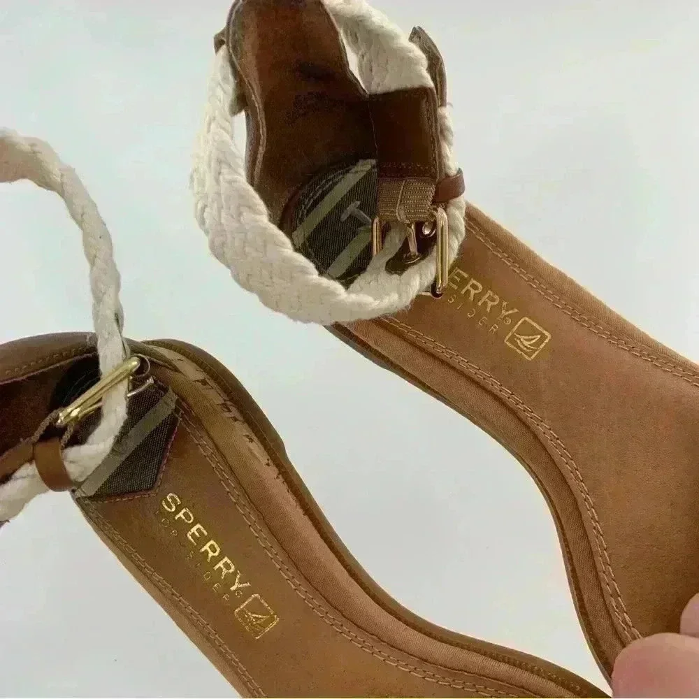 Sperry womens sandals size 5.5 brown leather nautical ankle strap cork wedges